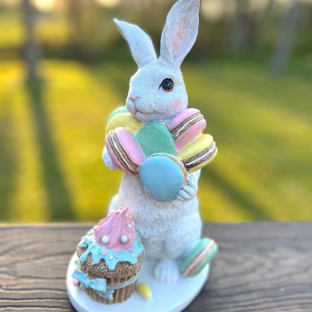 Resin Easter Spring Bunny Rabbit with Macaron Treats Figurine Holiday Decor Gift